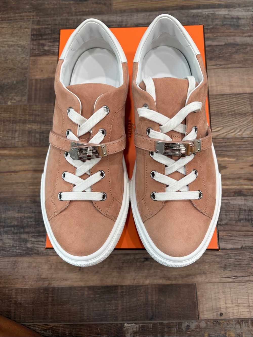 Hermes Rose Suede Lace-Up Sneakers with Silver Buckle